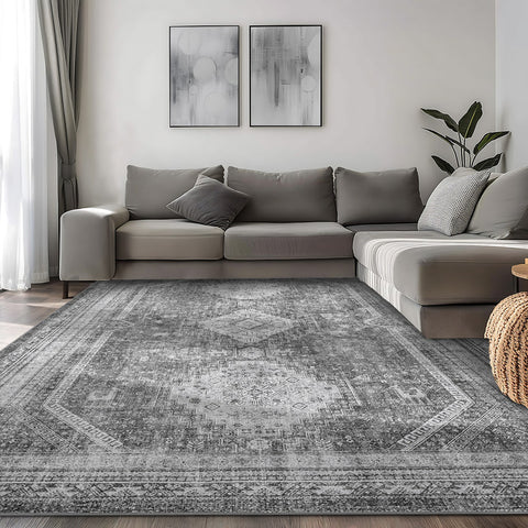 GENIMO Machine Washable Rugs Non Slip Carpet with Gripper, Gray