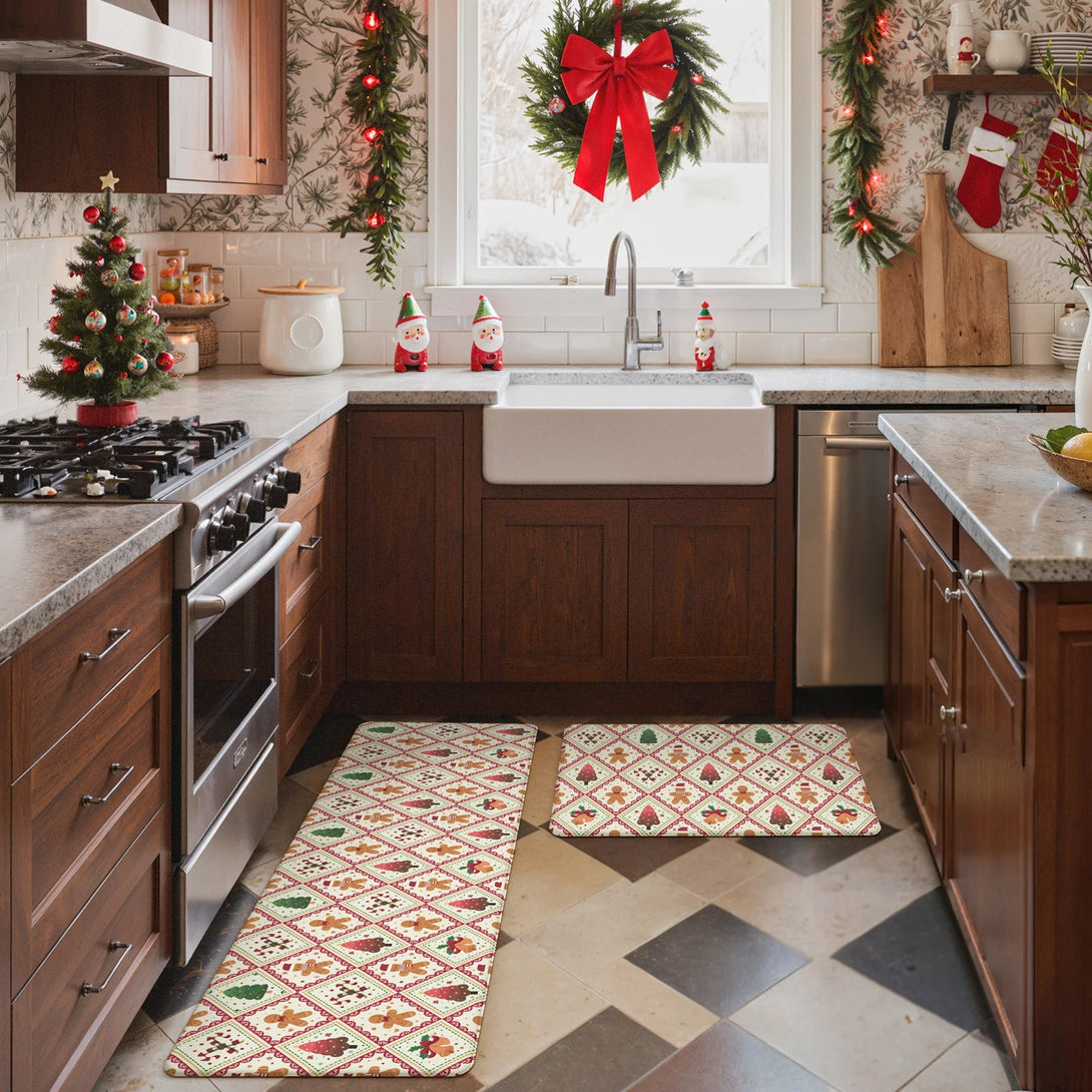 Isolde Christmas Gingerbread Man Padded Anti Fatigue Kitchen Mat 2pcs - KR015 - RedBeige - 17X47 - 17X30