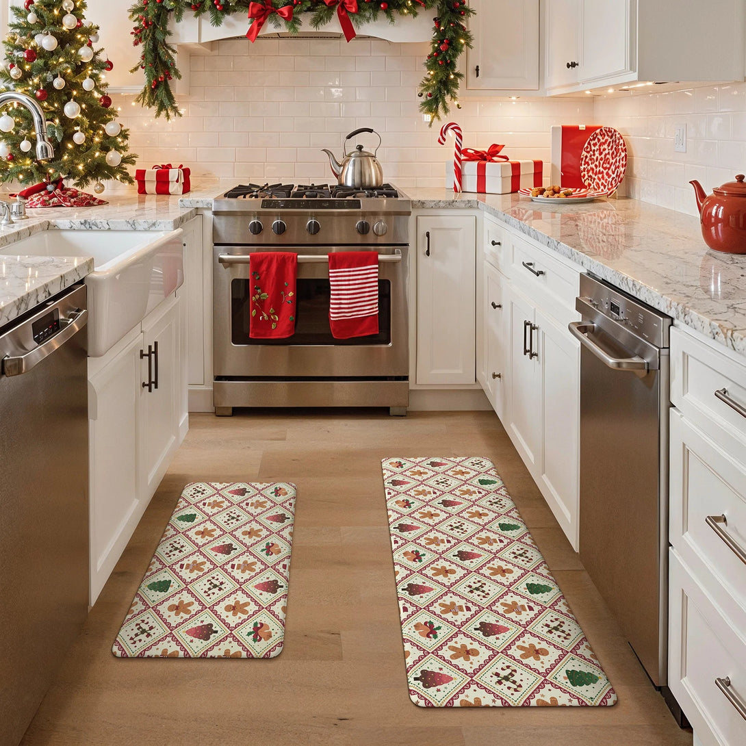 Isolde Christmas Gingerbread Man Padded Anti Fatigue Kitchen Mat 2pcs - KR015 - RedBeige - 17X59 - 17X30