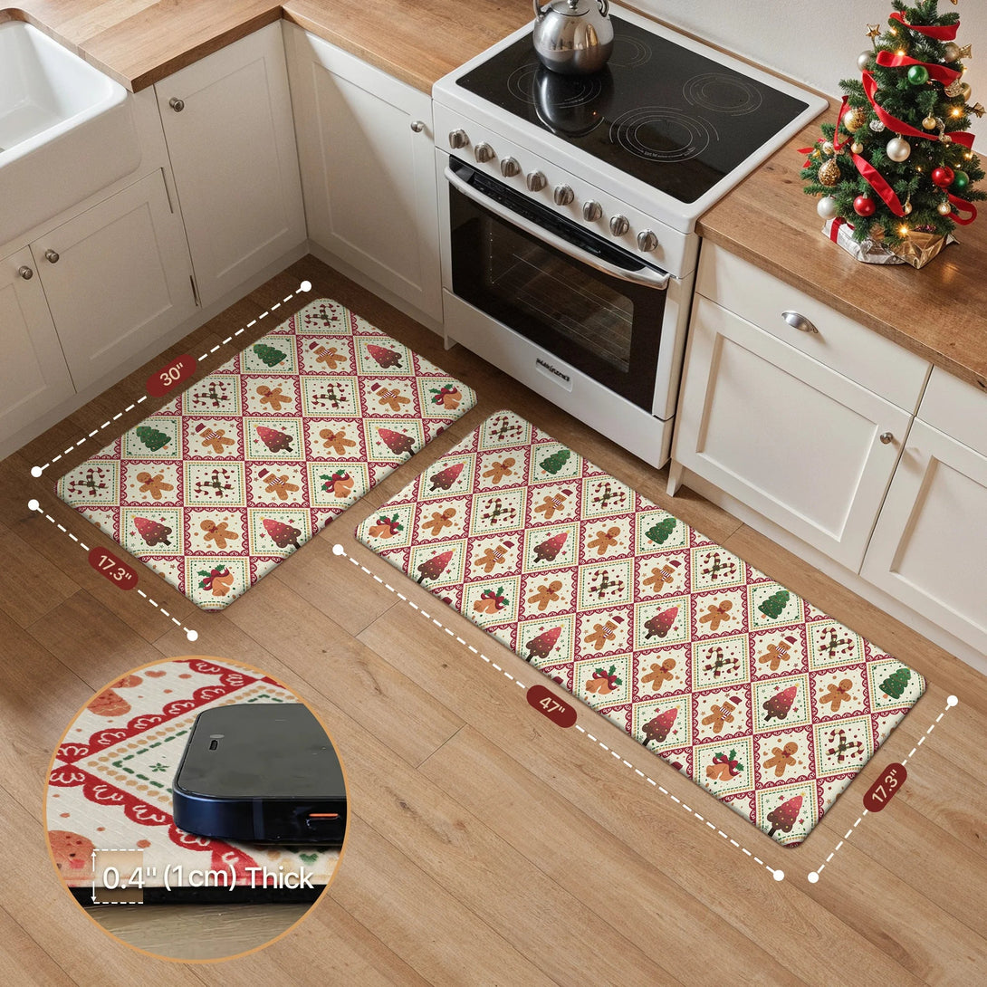 Isolde Christmas Gingerbread Man Padded Anti Fatigue Kitchen Mat 2pcs - KR015 - RedBeige - 17X59 - 17X30