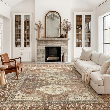 GENIMO Fantasy Geometric Floral Print Non-Slip Washable Area Rug Brown