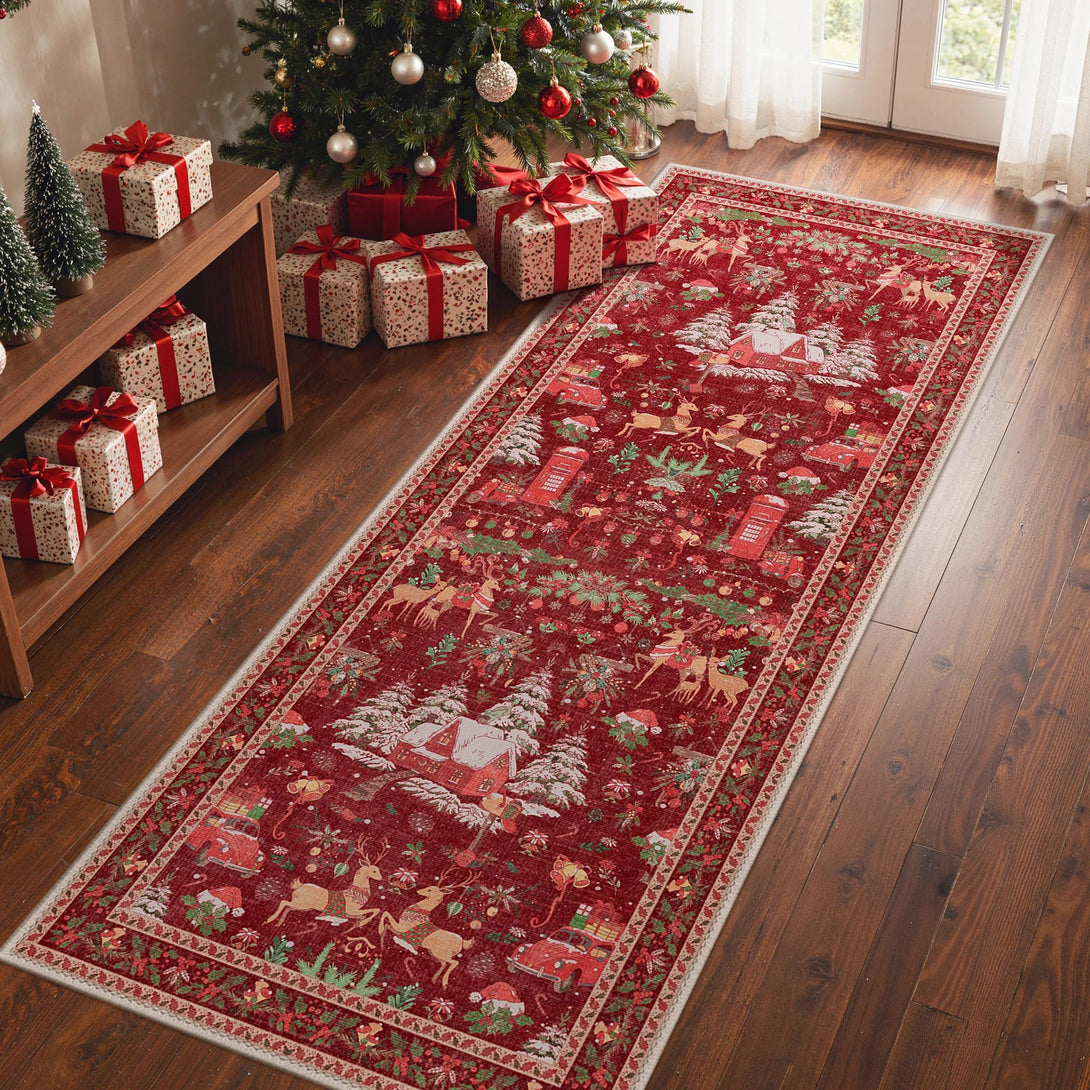 Mirrel Christmas Washable Red Rug with Winter Snow House - TZ3032 - RR - 2X5