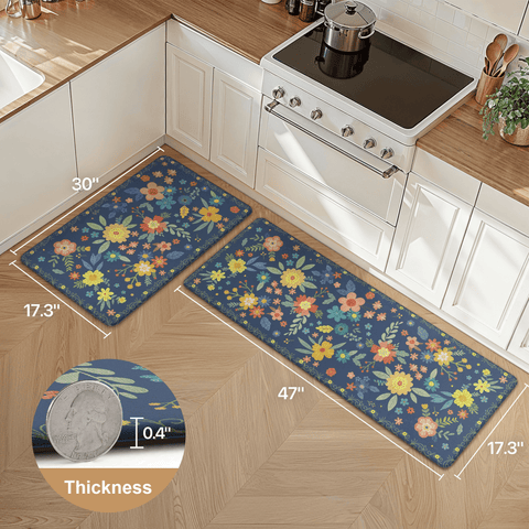 GENIMO 2Pcs Anti Fatigue Padded Kitchen Mats for Floor Floral Printed Washable Runner Rugs