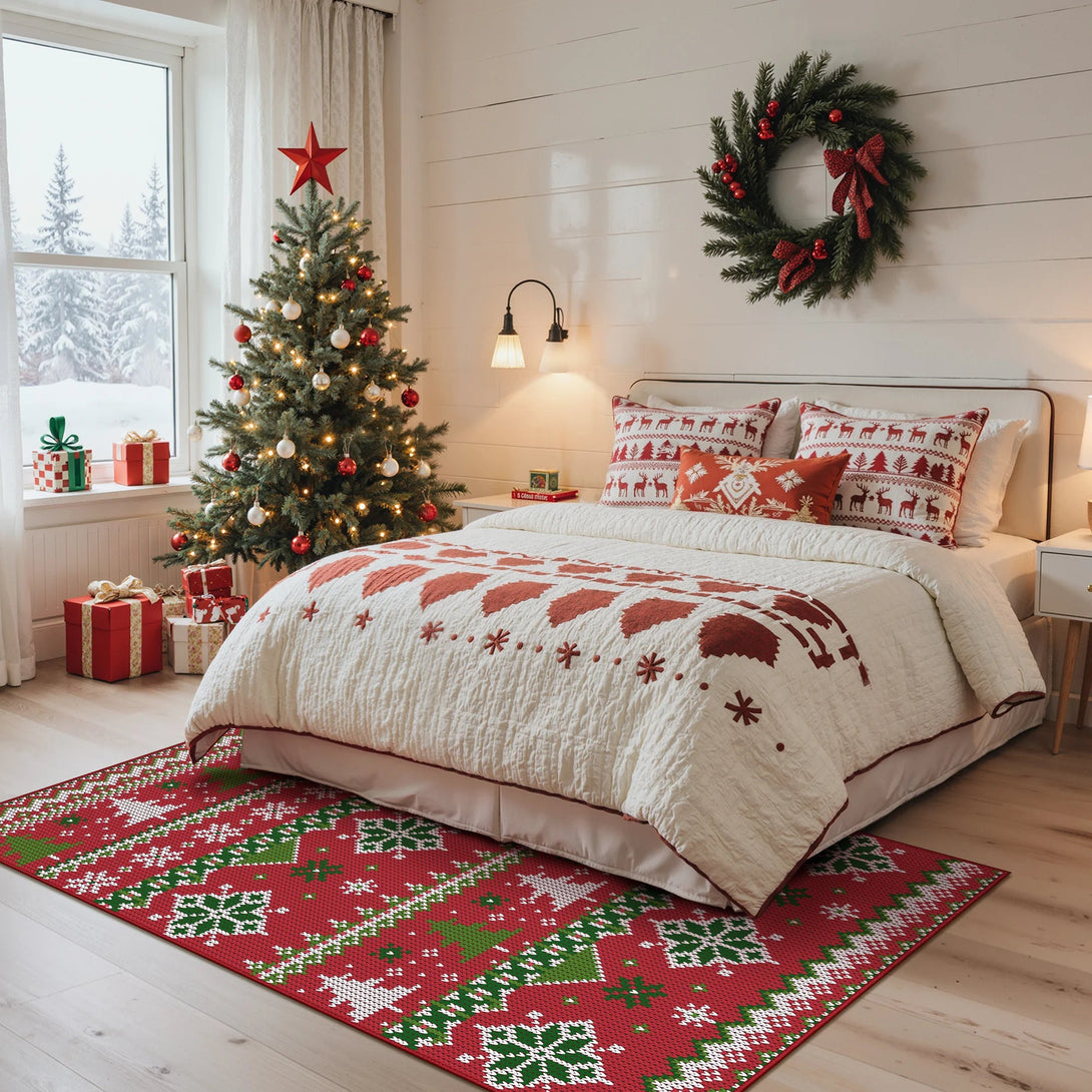 Noelle Christmas Washable Snowflake Belgian Velvet Rug - TZ3038 - CR - 5X7FT