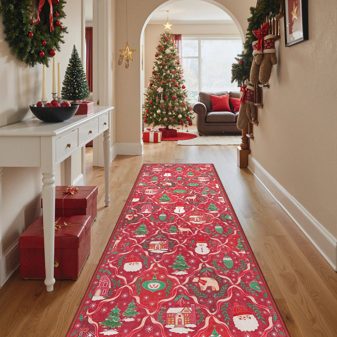 Oriana Christmas Washable Red Belgian Velvet Rug - DT1306 - QH - 2X6