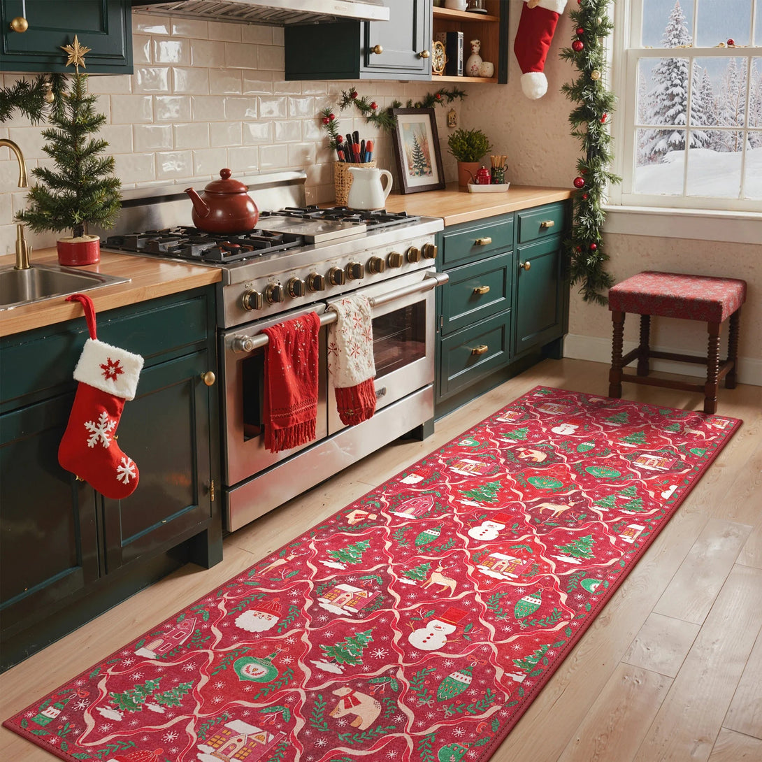 Oriana Christmas Washable Red Belgian Velvet Rug - DT1306 - QH - 2X10