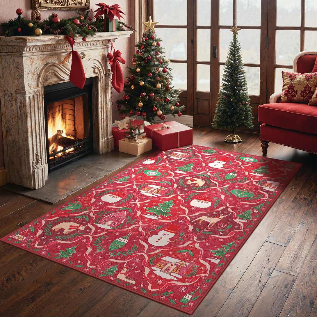 Oriana Christmas Washable Red Belgian Velvet Rug - DT1306 - QH - 3X5