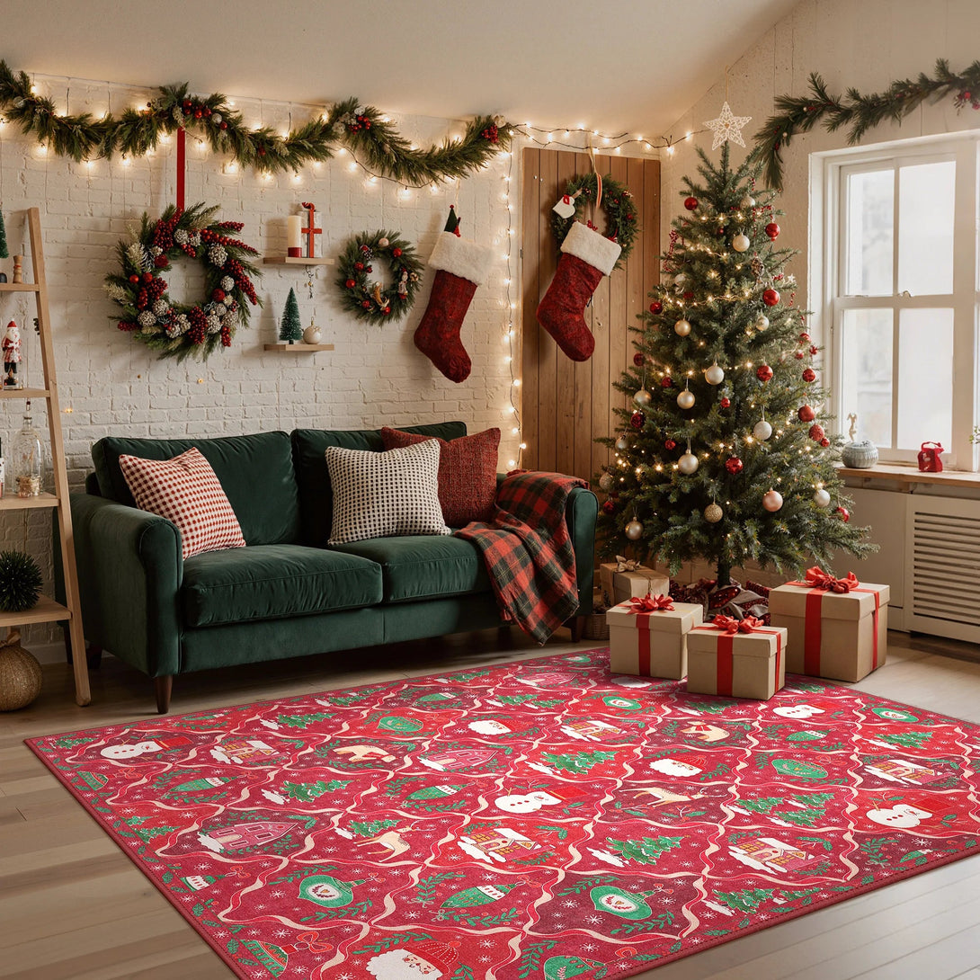Oriana Christmas Washable Red Belgian Velvet Rug - DT1306 - QH - 5X7