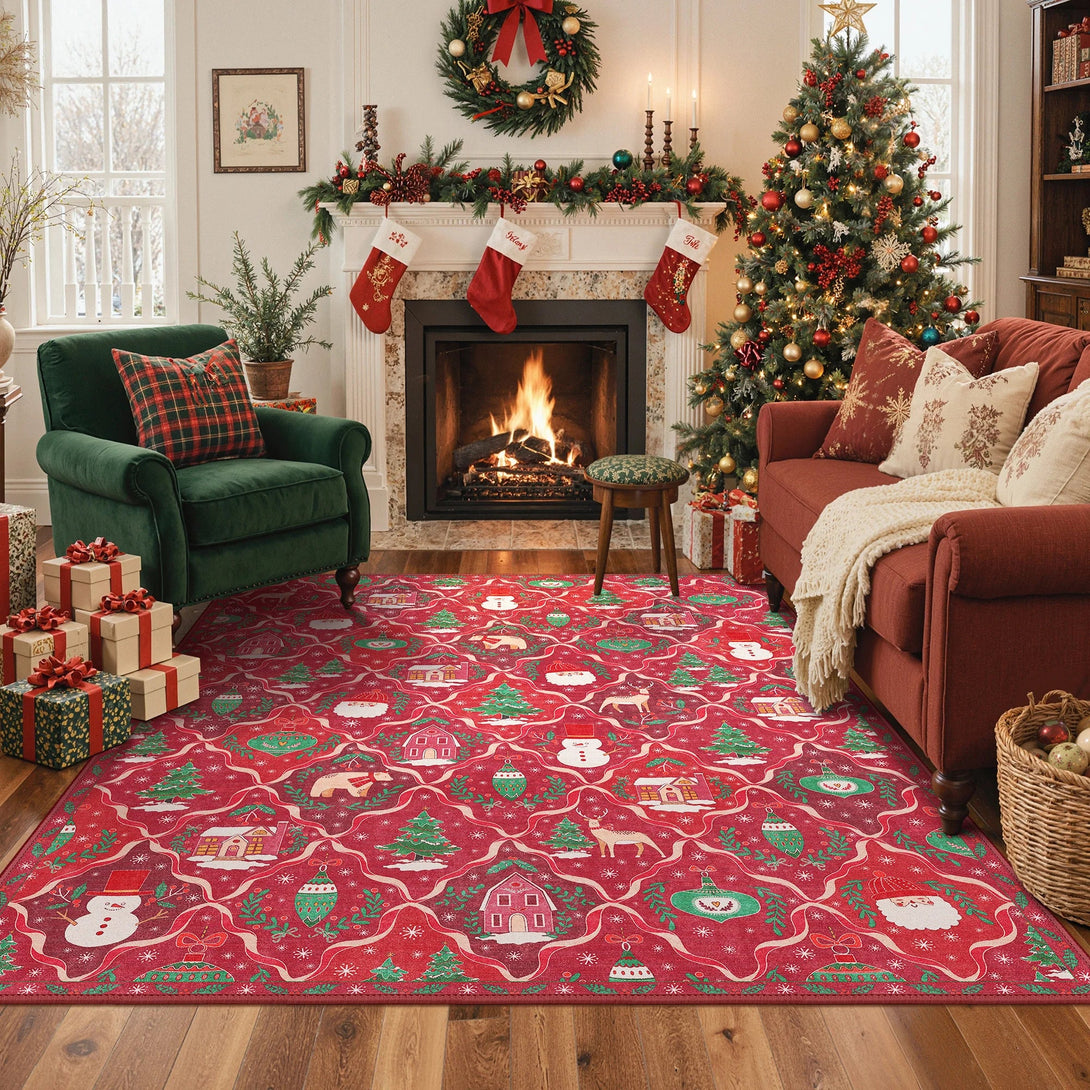 Oriana Christmas Washable Red Belgian Velvet Rug - DT1306 - QH - 8X10
