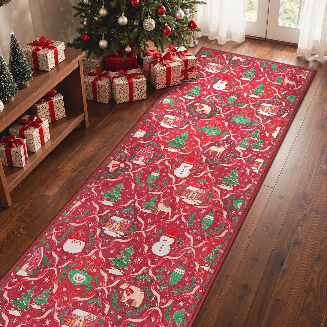 Oriana Christmas Washable Red Belgian Velvet Rug - DT1306 - QH - 3X5