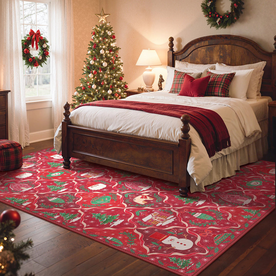 Oriana Christmas Washable Red Belgian Velvet Rug - DT1306 - QH - 6X9