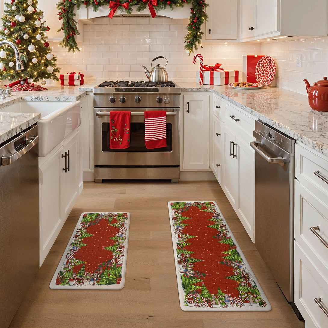 Starlit Christams Tree Padded Anti Fatique Red Kitchen Mat 2pcs - KR017 - RedGreen - 17X47 - 17X30