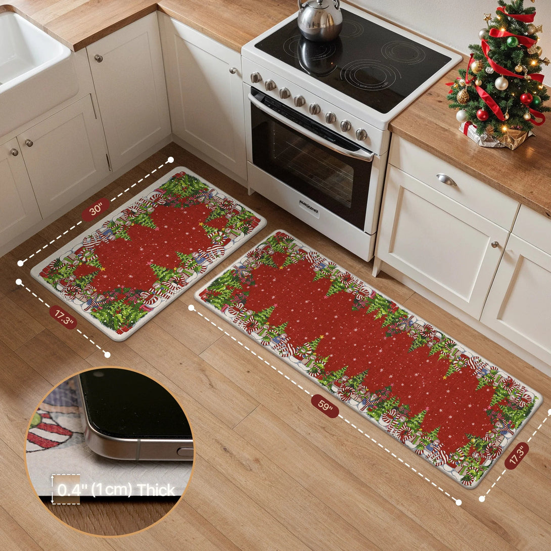 Starlit Christams Tree Padded Anti Fatique Red Kitchen Mat 2pcs - KR017 - RedGreen - 23x71