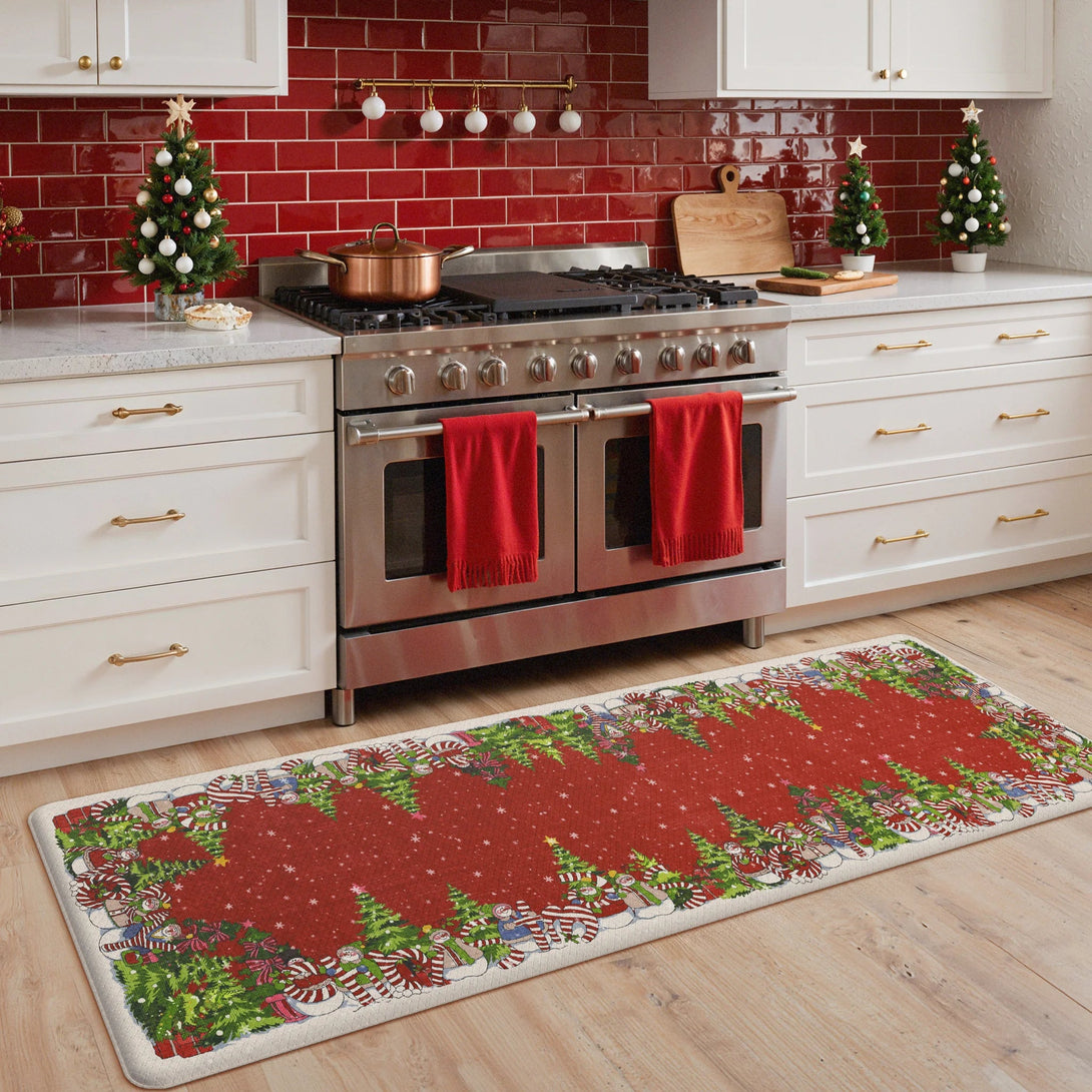 Starlit Christams Tree Padded Anti Fatique Red Kitchen Mat 2pcs - KR017 - RedGreen - 23x71