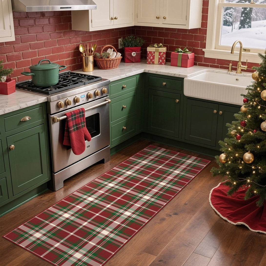 Valence Christmas Washable Classic Checkerboard Belgian Velvet Rug Green and Red - DT1202 - GZ - 2X6FT