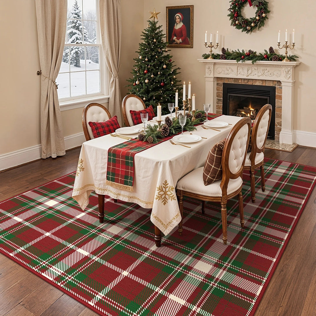 Valence Christmas Washable Classic Checkerboard Belgian Velvet Rug Green and Red - DT1202 - GZ - 5X7FT - B