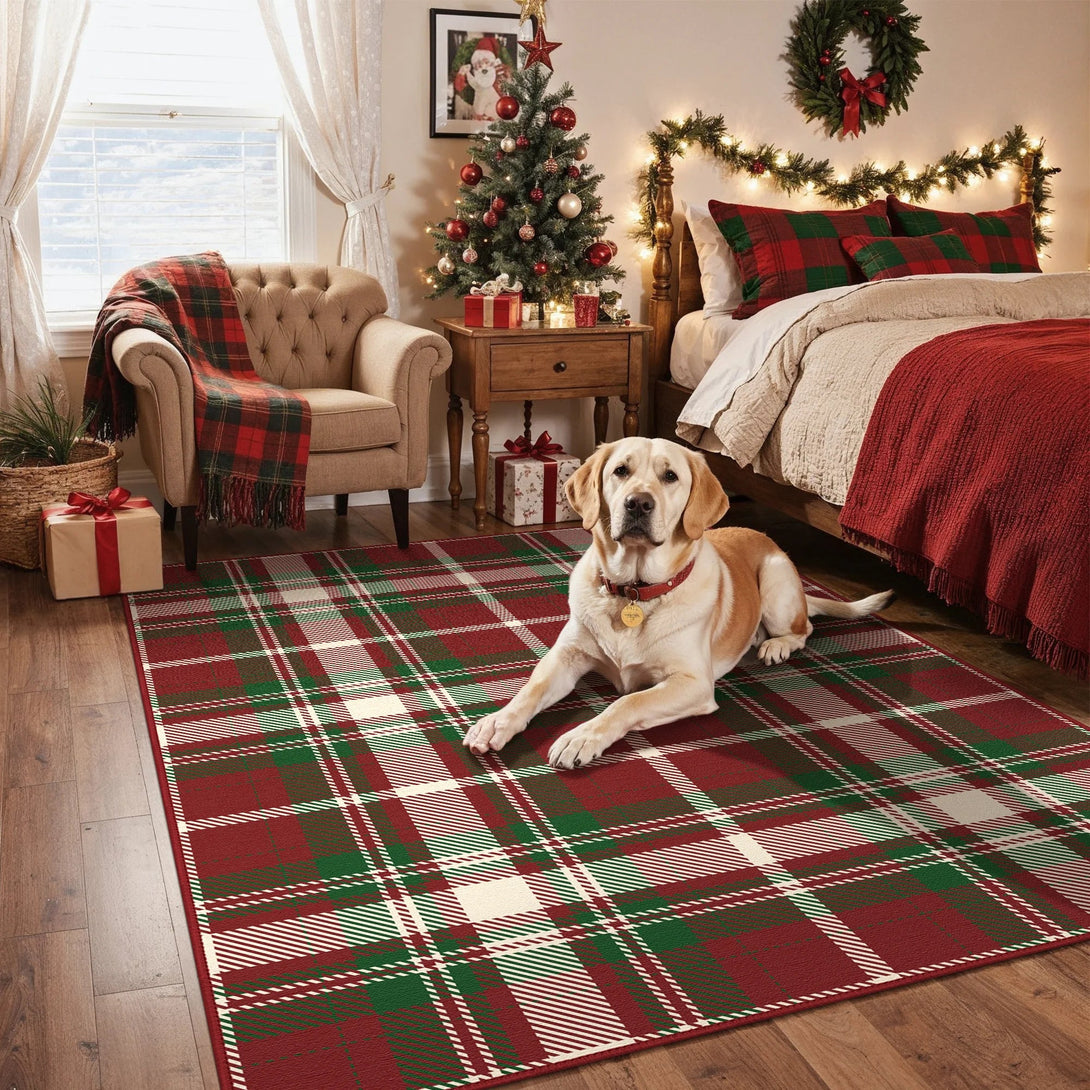 Valence Christmas Washable Classic Checkerboard Belgian Velvet Rug Green and Red - DT1202 - GZ - 5X7FT - B