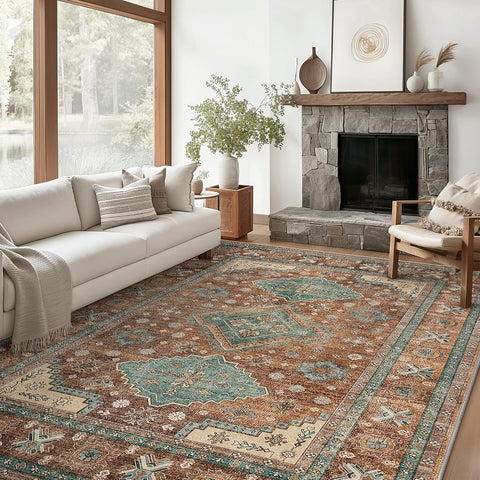 GENIMO Fantasy Geometric Floral Print Non-Slip Washable Area Rug Brown