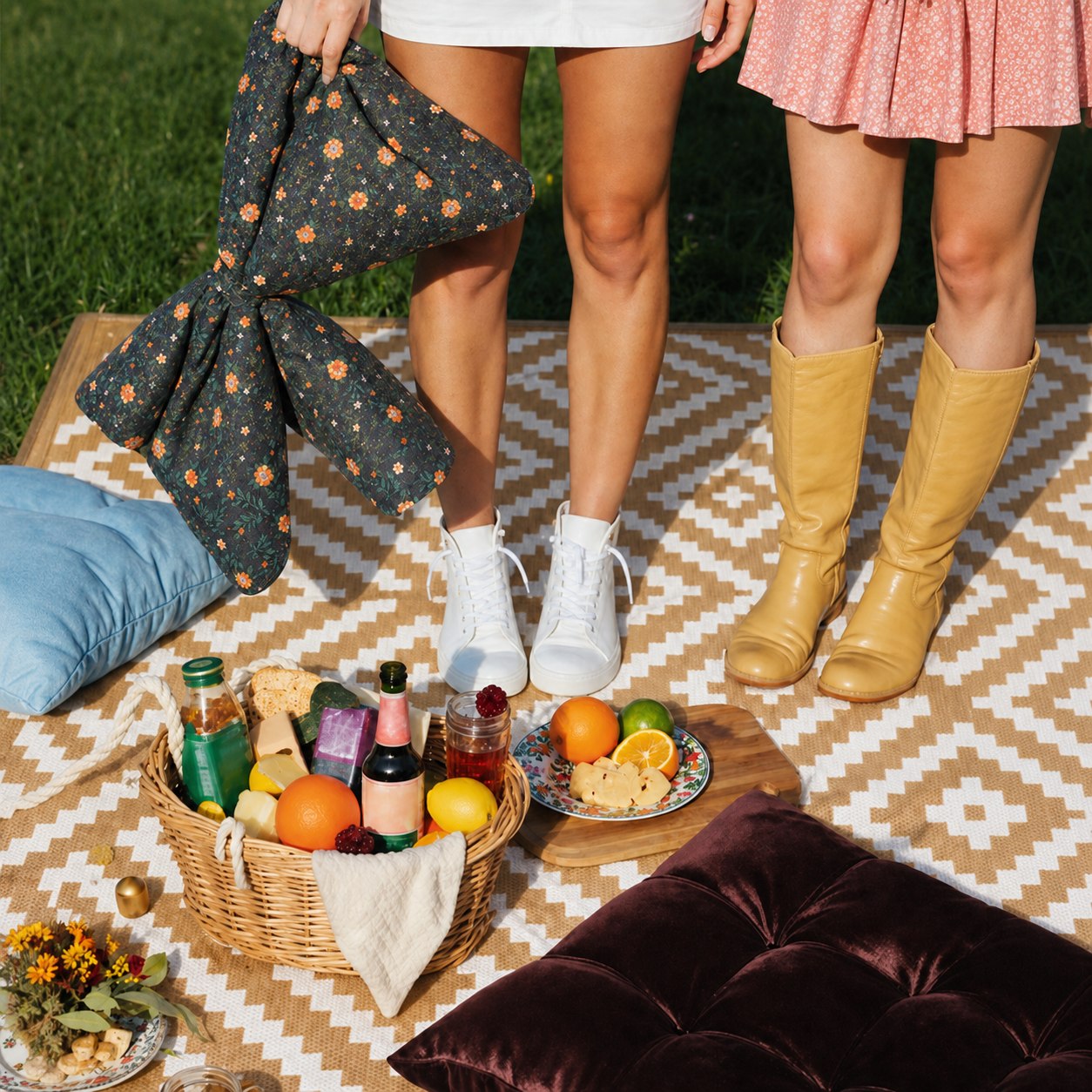 Friends enjoying a picnic on an outdoor GENIMO rug